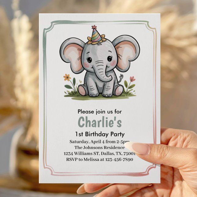 Kids Cute Green Elephant Birthday Party Invitation (Creator Uploaded)
