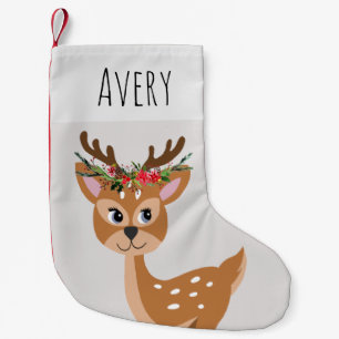 Kids Cute Grey Reindeer with Flower Wreath & Name Small Christmas Stocking
