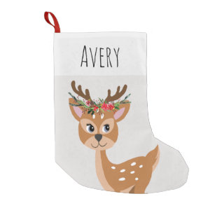 Kids Cute Grey Reindeer with Flower Wreath & Name Small Christmas Stocking