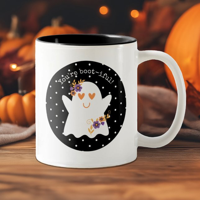 Kids Cute halloween Ghost Two-Tone Coffee Mug (Celebrate Halloween with a cute mug decorated with a ghost. Personalize it with your own text.)