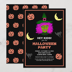 Kids Cute Halloween Theme Black Orange Party Invitation