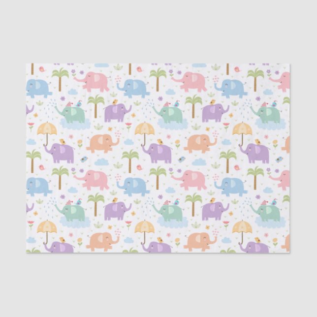 Kids Cute Happy Elephants Pastel Pink Blue Green Tissue Paper (Front)