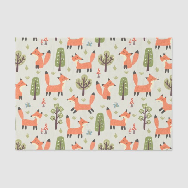 Kids Cute Happy Foxes Playing Running in Forest Tissue Paper (Front)