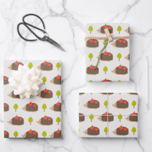 Kids Cute Hedgehog Carrying Apples Smiling Wrapping Paper Sheet