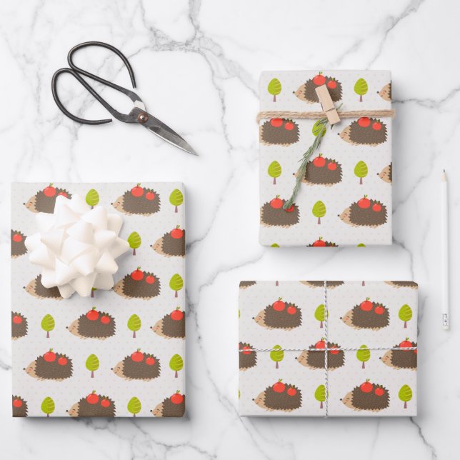 Kids Cute Hedgehog Carrying Apples Smiling Wrapping Paper Sheet (Front)
