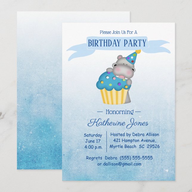 Kids Cute Hippo with a Blue Cupcake Birthday  Invitation (Front/Back)