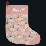 Kids Cute Jurassic Dinosaur Science Girls Large Christmas Stocking<br><div class="desc">This cute personalised kids Christmas stocking design features a pink dinosaur fossil pattern on the front and back, with Jurassic plants, Dino skeleton bones, and other archaeology illustrations. There is also space for you to add your girls name in whimsical typography. The perfect dinosaur themed gift for any history or...</div>