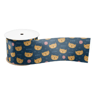 Kids Cute Kitty Cat Faces Paw Prints Ball of Yarn Satin Ribbon
