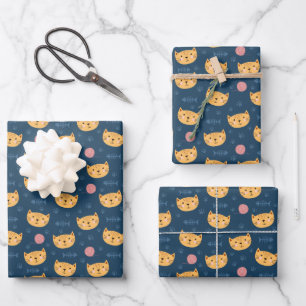 Kids Cute Kitty Cat Faces Paw Prints Ball of Yarn Wrapping Paper Sheet