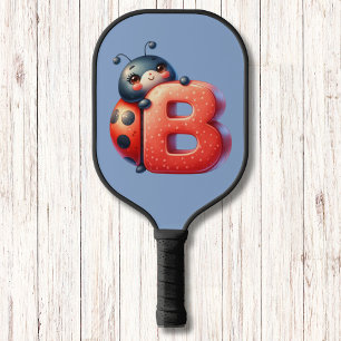 Kids Cute Ladybug Monogram Letter Blue Pickleball Paddle