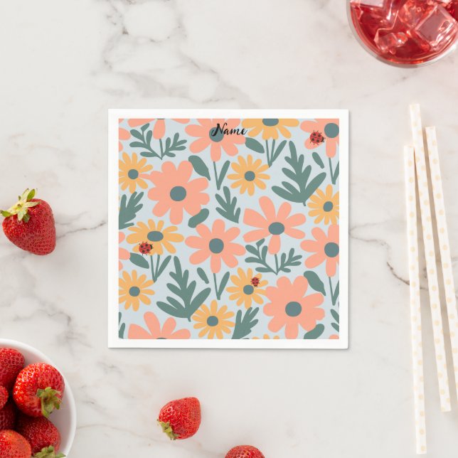 kids Cute Ladybug Polka dot Daisy Flower Pattern Napkin (Insitu)