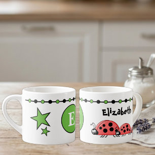 Kids cute ladybugs name initial green espresso cup