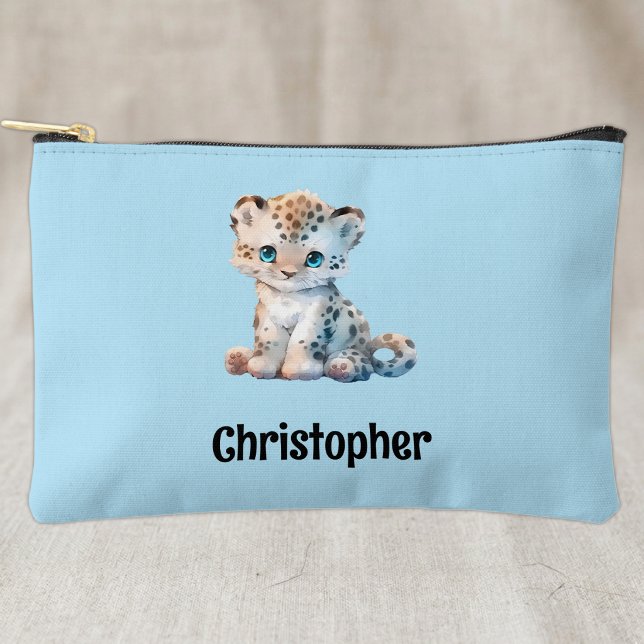 Kids cute leopard add a name blue black accessory pouch (Creator Uploaded)