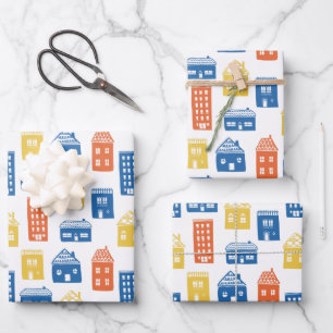 Kids Cute Main Street Small Town Houses Apartments Wrapping Paper Sheet