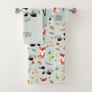 Kids Cute Modern Forest Animals Pattern Fox Name Bath Towel Set