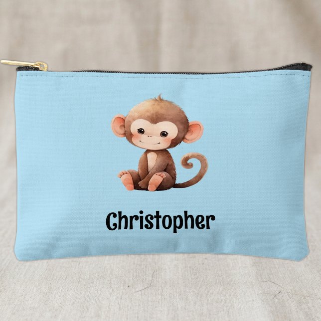 Kids cute monkey add a name blue black accessory pouch (Creator Uploaded)