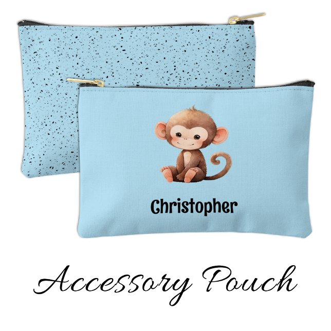 Kids cute monkey add a name blue black accessory pouch (Creator Uploaded)