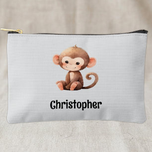Kids cute monkey add a name grey black accessory pouch