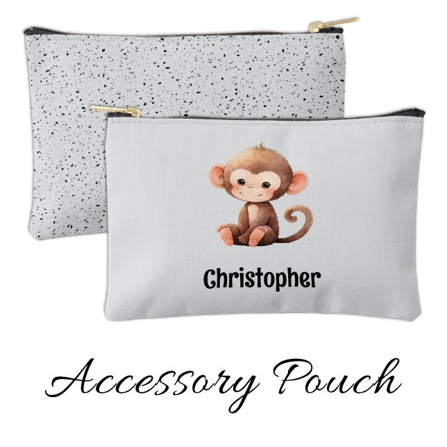 Kids cute monkey add a name grey black accessory pouch (Creator Uploaded)