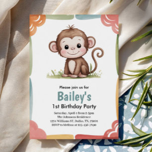 Kids Cute Monkey Jungle Birthday Party Invitation
