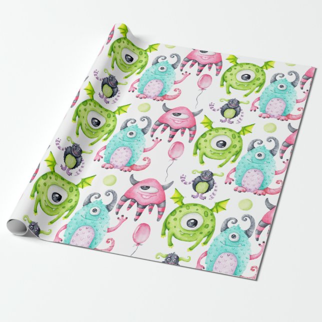 Kids Cute Monster Birthday Wrapping Paper (Unrolled)