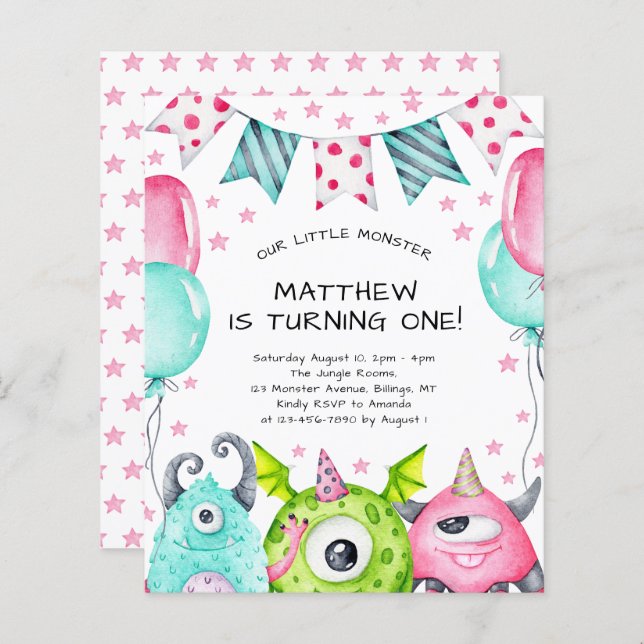 Kids Cute Monsters Birthday Party Invitation (Front/Back)