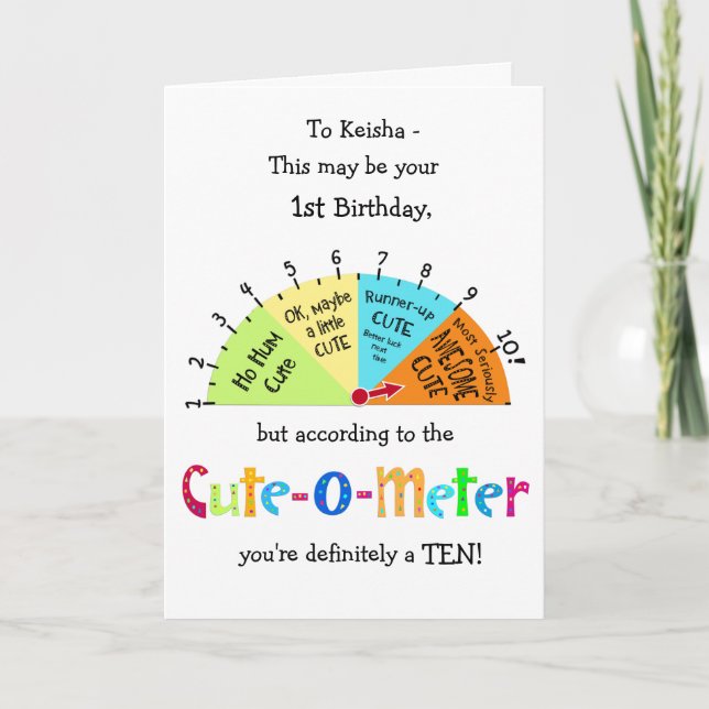 Kids Cute-O-Metre Funny 1st Birthday Greeting Card (Front)
