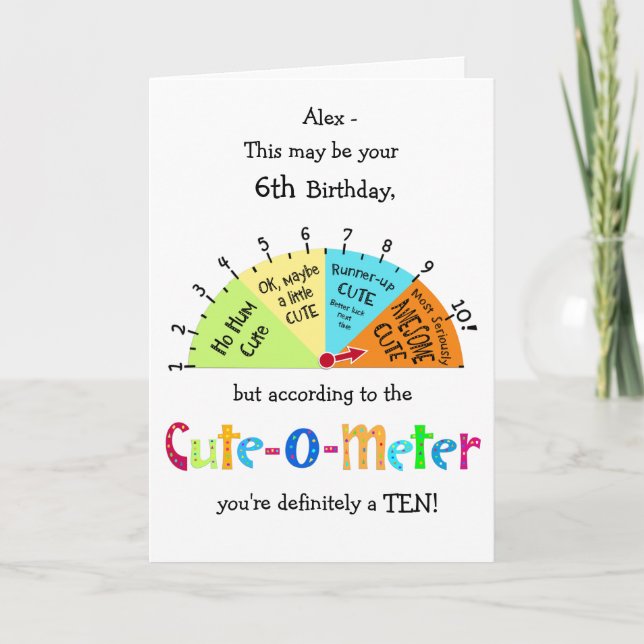 Kids Cute-O-Metre Funny 6th Birthday Greeting Card (Front)