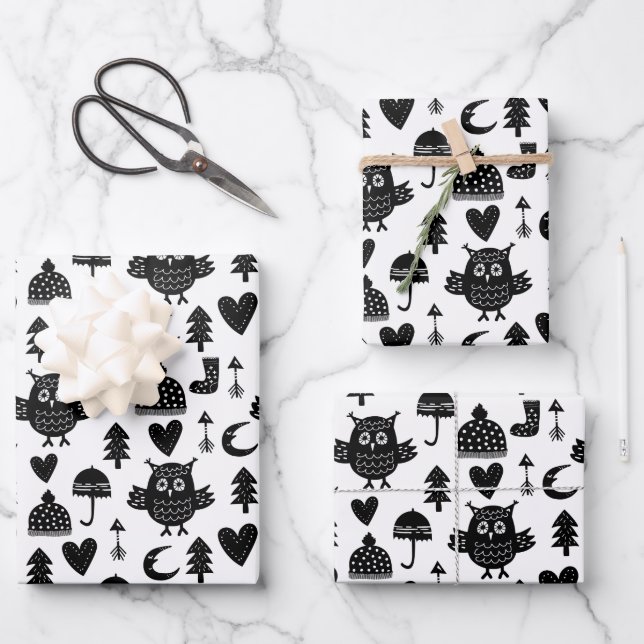 Kids Cute Owl Moon Heart Umbrella Winter Hat Wrapping Paper Sheet (Front)
