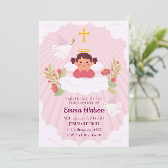 Kids Cute Pink Baby Girl Baptism Christening Invitation (Standing Front)