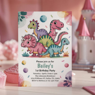 Kids Cute Pink Dinosaur 1st Birthday Party Invitation