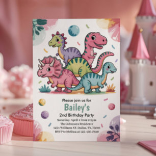 Kids Cute Pink Dinosaur 2nd Birthday Party Invitation