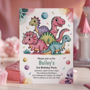 Kids Cute Pink Dinosaur 3rd Birthday Party Invitation