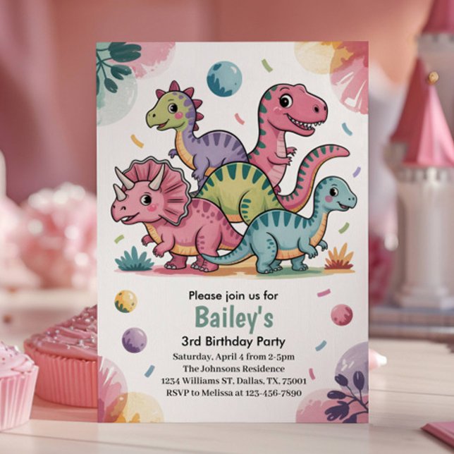 Kids Cute Pink Dinosaur 3rd Birthday Party Invitation (Creator Uploaded)