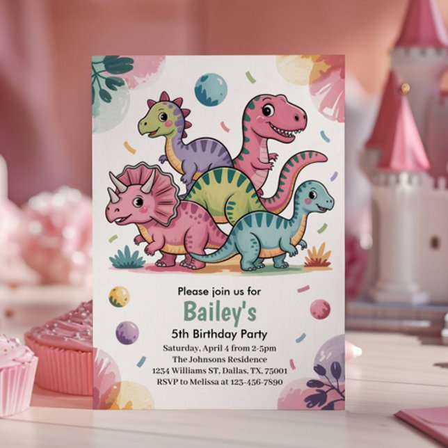 Kids Cute Pink Dinosaur 5th Birthday Party Invitation (Creator Uploaded)