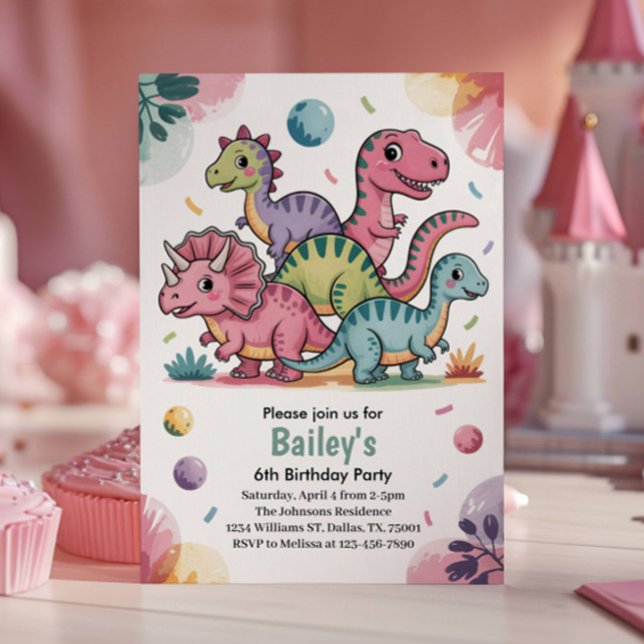 Kids Cute Pink Dinosaur 6th Birthday Party Invitation (Creator Uploaded)