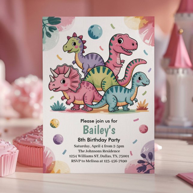 Kids Cute Pink Dinosaur 8th Birthday Party Invitation (Dinosaur Birthday Party Invitation)