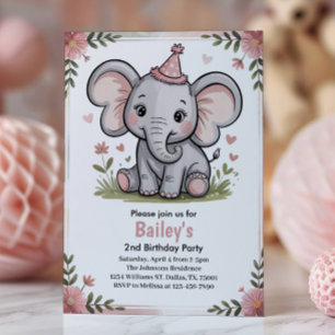 Kids Cute Pink Elephant 2nd Birthday Party Invitation