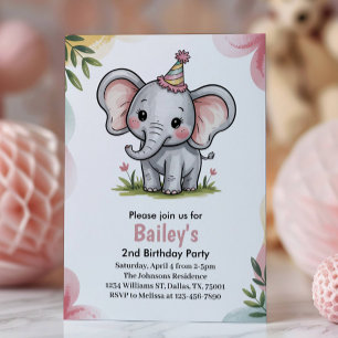 Kids Cute Pink Elephant 2nd Birthday Party Invitation