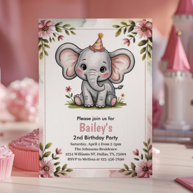 Kids Cute Pink Elephant 2nd Birthday Party Invitation (Creator Uploaded)