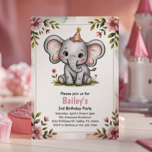 Kids Cute Pink Elephant 3rd Birthday Party Invitation