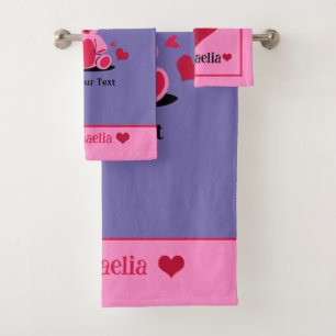 Kid's Cute Purple & Pink Teddy Bear, Hearts Custom Bath Towel Set