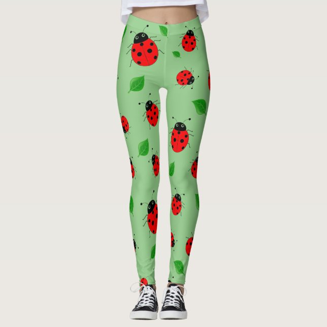Kids Cute Red ladybug and green leave on gradient Leggings (Front)