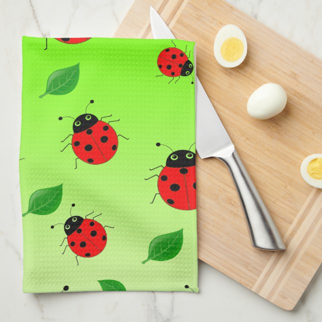 Kids Cute Red ladybug and green leave on gradient Tea Towel (Quarter Fold)