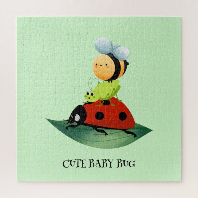 Kids Cute Red ladybug Bee bug insect on green leaf Jigsaw Puzzle (Vertical)