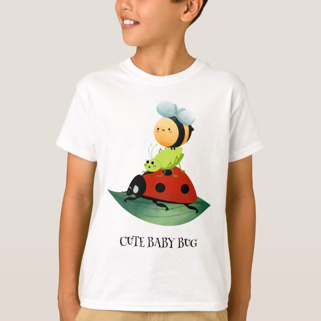 Kids Cute Red ladybug Bee bug insect on green leaf T-Shirt (Front)