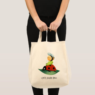 Kids Cute Red ladybug Bee bug insect on green leaf Tote Bag