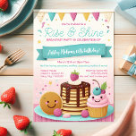 Kids Cute Rise and Shine Breakfast Birthday Party Invitation<br><div class="desc">The invitation has a breakfast theme, illustrated by a happy pancake stack with a pat of butter and syrup on top, alongside a cheerful cupcake with a swirl of pink icing and a cherry. The colour scheme is soft and pastel, with shades of pink, blue, and yellow, and a background...</div>