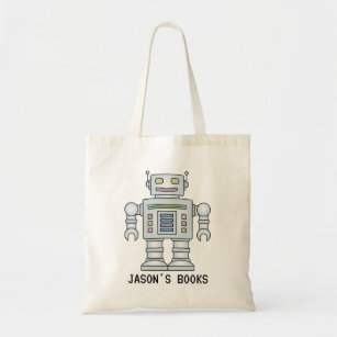Kids cute robot personalised library book tote bag
