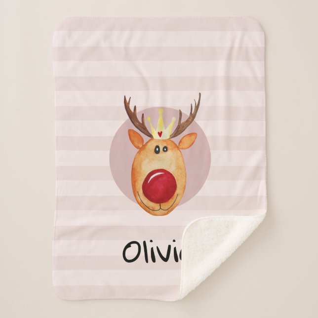Kids Cute Rudolph Reindeer Christmas and Name Sherpa Blanket (Front)